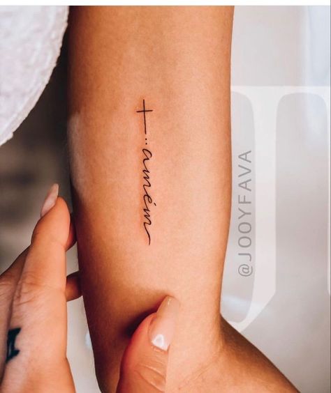 Cross With Signature Tattoo, Faith Minimalist Tattoo, Small Faith Tattoos For Women Simple, Amen Tattoo, Cross Rib Tattoos, Simple Cross Tattoo, Tato Minimal, Verse Tattoos, Cross Tattoos For Women