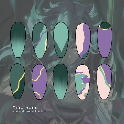 #xiao #genshin #genshinimpact #genshinnails #genshinnailart #adeptxiao #nails #nailsart #nailsdesign #design #acrylic #acrylicnails #acrylicnaildesigns #acrylicnailart #anime #animenailsart #animenailsdesign Xiao Nails Design, Xiao Nails, Genshin Nails Design, Genshin Nail Art, Genshin Impact Nails Design, Genshin Impact Nails, Genshin Nails, Anime Nail, Genshin Cosplay