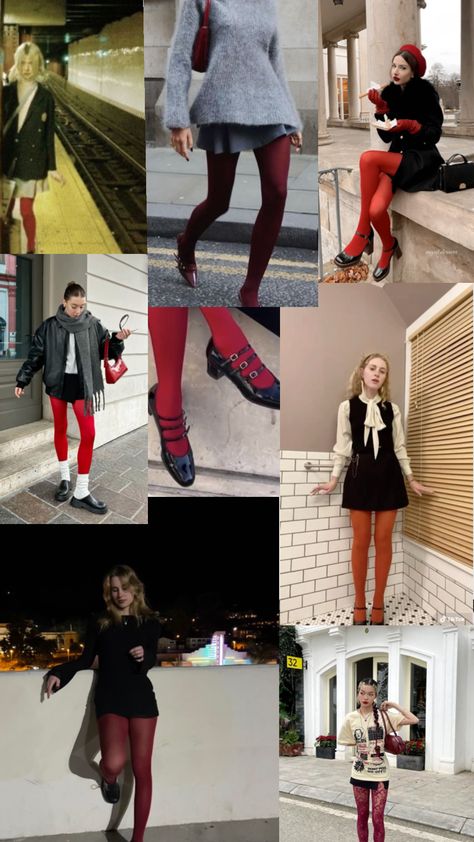 #fallcore #fallgirlaesthetic #fallaesthetic #fall #outfitinspo #outfit red tights!! Red Tights Halloween Costume, Colorful Tights Outfit Aesthetic, Colored Tights Outfit 60s, Maroon Tights Outfit, Floral Tights Outfit, Colorful Tights Outfit, Burgundy Tights Outfit, Red Tights Outfit, Outfits 60s