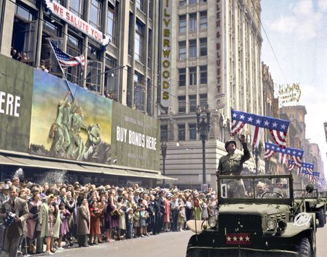 Patton during a welcome home parade in Los Angeles, June 9, 1945 Iwo Jima Flag, George S Patton, George Patton, Pancho Villa, Iwo Jima, Art Of Manliness, San Gabriel, Downtown Los Angeles, Hobart