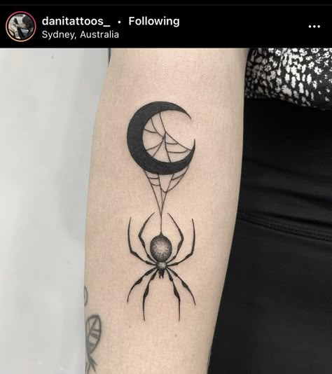 Moon And Spider Tattoo, Spider And Moon Tattoo, Spider Chest Tattoo Female, Moon Spider Web Tattoo, Spider Moon Tattoo, Spider Hanging Tattoo, Spider With Moon Tattoo, Cute Spider Tattoo For Women, Spider Tattoo Symmetrical