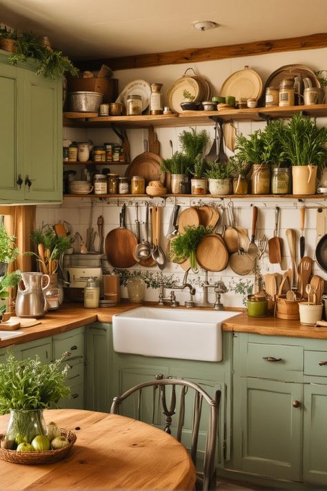 Vintage Cabinet Doors, Nostalgic Kitchen, Retro Aesthetic Kitchen, Vintage Cottagecore Kitchen, Grandmacore Kitchen, Green Kitchens Cottage Core, Vintage Kitchen Aesthetic, Aesthetic Kitchen Cottagecore, Small Kitchen Cottagecore