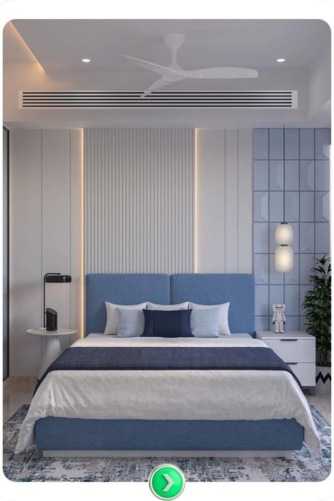 A minimalist light blue bedroom with geometric paneling. The clean lines and cool tones make the room feel fresh and modern while keeping the design sleek and simple. Cream And Blue Bedroom, Light Blue Bedrooms, Bedroom Elevation, Light Blue Bedroom Ideas, Powder Blue Bedroom, Blue Home Decor Ideas, Blue Living Rooms, Light Blue Bedroom, Blue Room Decor