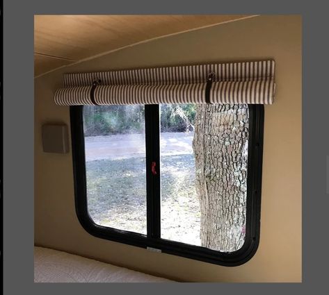 Caravan Curtains Diy, Rv Roll Up Curtains, Travel Trailer Window Coverings, Campervan Window Coverings, Diy Rv Shades, Rv Camper Curtains, Curtains For Camper Windows, Camper Curtain Rods, Trailer Window Coverings