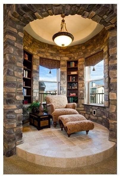 reading turret.  I want one!  Doesn't have to be stone, just a turret with shelves and comfy seating. Comfy Seating, 아파트 인테리어, Home Libraries, Book Nook, Cozy Nook, Reading Room, Home Library, Style At Home, Dream Rooms