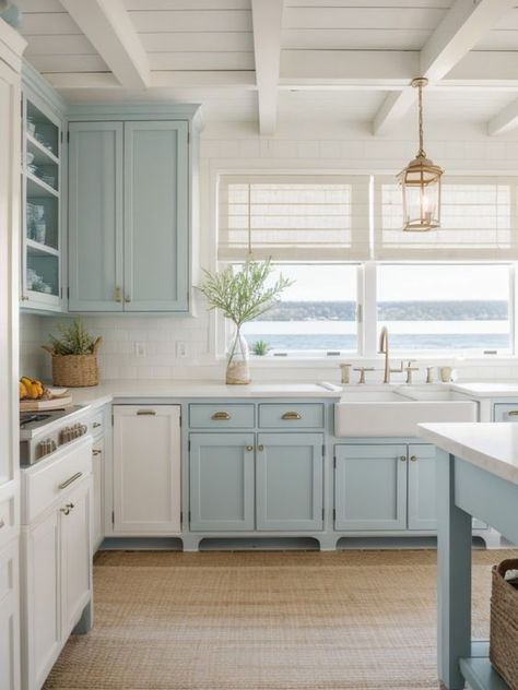 Sea Kitchen Beach Houses, Tropical Blue Kitchen Cabinets, Baby Blue Kitchen, White Kitchen With Aqua Backsplash, Retro Beach Kitchen, Blue Kitchen Aesthetic Vintage, Coastal Kitchen Design, Cool Room Designs, Beach Kitchens