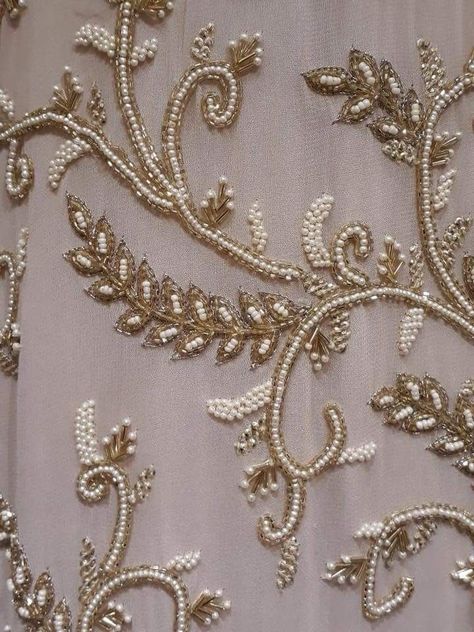 Pearl Work Neck Design, Pearl Embroidery Neck Designs, Pearl Bead Embroidery, Pearl Work Embroidery Suits, Pearl Handwork Embroidery, Pearl Embroidery Designs Handmade, Pearl Work Embroidery Blouses, Pearl Embroidery Dress, Hand Bead Embroidery Designs