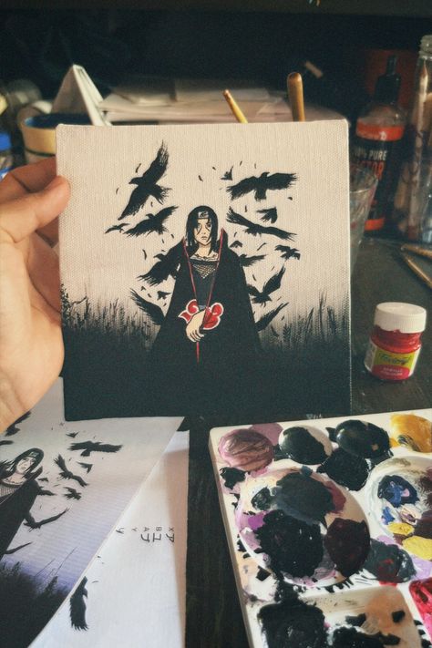 Itachi Canvas Painting, Naruto Acrylic Painting, Sasuke Drawing, Kakashi Drawing, Anime Canvas Painting, Itachi Akatsuki, Brush Pen Art, Anime Canvas Art, Canvas Painting Designs