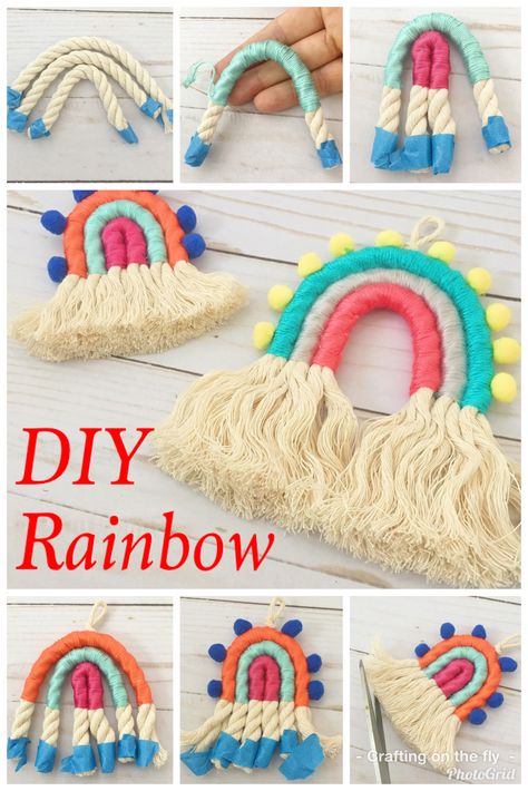 DIY your own rainbow wall hanging with this easy tutorial. Make a few fiber art rainbows in no time! How To Make Rainbow Wall Hanging, Rainbow Diy Decor Wall Art, How To Make A Yarn Rainbow, Rope Rainbow Diy, Rainbow Hanging Decor, Easy Macrame Rainbow Diy, Upside Down Rainbow Macrame Tutorial, Boho Yarn, Vintage Booth Display