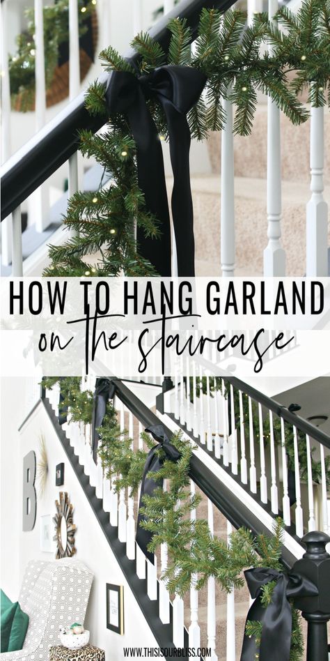 How to Hang Garland on the Staircase // This is our Bliss Garland On Small Staircase, Staircase With Garland, Christmas Bannisters Ideas, Stair Case Garland Ideas, Bannister Christmas Decor Garlands, Garland And Ribbon On Stairs, Simple Stair Garland, Modern Christmas Garland Stairs, Stair Railing Decorations Christmas