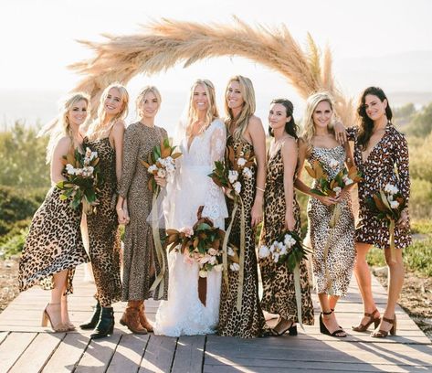 We love these leopard print bridesmaids dresses! #bridesmaids #leopardprint #bridesmaiddresses Cheetah Print Wedding, Leopard Print Wedding, Leopard Wedding, Printed Bridesmaid Dresses, Safari Wedding, Neutral Bridesmaid Dresses, Stunning Bridesmaid Dresses, Santa Barbara Wedding, Wild Heart