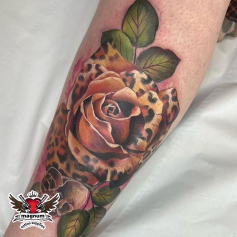 leopard rose tattoo Leg Tattoos Women Leopard, Cheetah Sleeve Tattoos For Women, Leopard Print Rose Tattoo, Leopard Rose Tattoo, Leopard Tattoo On Leg, Watercolor Leopard Print Tattoo, Leopard Shoulder Tattoo, Leopard Print Tattoo For Women, Full Hand Tattoos For Women