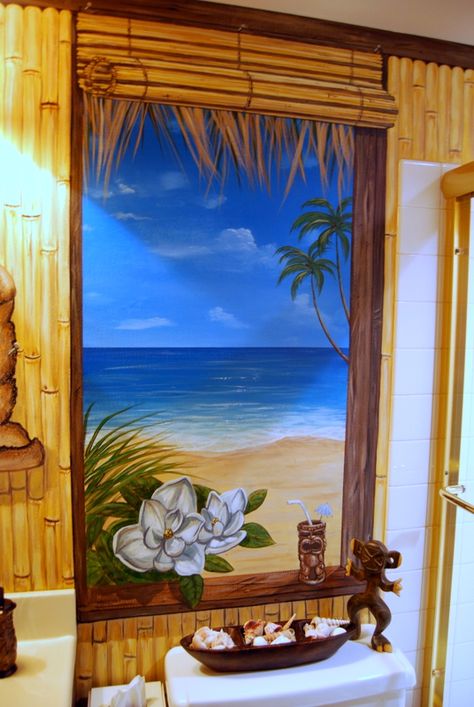 Hawaiian Beach Themed Mural by Tom Taylor of Wow Effects, painted in a bathroom in Crofton, Maryland. Garden Murals, Beach Themed Bathroom, Tom Taylor, Bathroom Beach, Garden Mural, Themed Bathroom, Beach Theme Bathroom, Mural Ideas, Pool Rooms