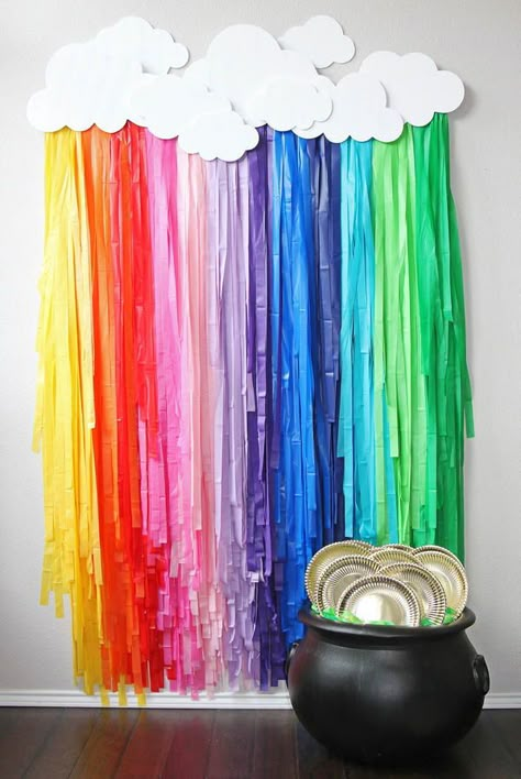 If you're looking for a place to post up and take selfies for St. Patrick's Day, you're in luck. This DIY rainbow fringe will create the perfect photo booth backdrop for this lucky holiday. With a few inexpensive supplies and some patience, you'll have a rainbow fringe in no time. Pair it with a pot of gold and gather all your lucky friends and family. The colorful backdrop is the best way to make memories this St. Paddy's Day! Diy Rainbow Decorations, Rainbow Fringe, Rainbow Themed Birthday Party, Rainbow Backdrop, Rainbow Diy, Fringe Backdrops, Diy Rainbow, Rainbow Room, St Patrick's Day Decorations