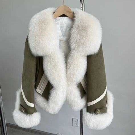 Women Down Coat with Fox Fur Tailored Collar and Placket Cuffs Suede Jacket | eBay White Fur Coat, Real Fur Coat, Duck Down Jacket, Office Fashion Women, Fur Coats Women, Suede Coat, Fox Fur Coat, Jacket Fashion, Crop Top Outfits