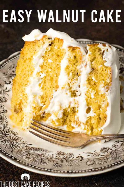 The cake we’re talking about today does have nuts. Black walnuts to be exact. Black walnuts are in a nut category of their own. The have a unique flavor that my husband loves. BUT… you can make this cake with English walnuts…or leave them out altogether to make your family happy! #layercake #yellowcake #walnutcake #dessert Walnut Cake Recipe Easy, Cake Whipped Cream Frosting, Walnut Cakes, Black Walnuts Recipes, Black Walnut Cake, Almond Torte, Cake Whipped Cream, Homemade Yellow Cake, Yellow Cake Mix Recipes