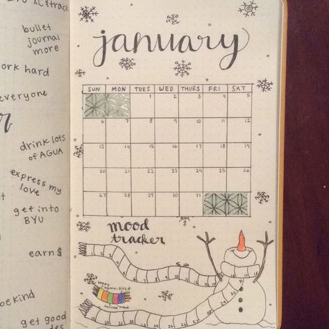 January bullet journal monthly spread/page-- cute snowman habit tracker & calendar #bulletjournal #monthlyspread #january #moodtracker January Aesthetic Month Calender, January Dot Journal Ideas, January Bujo Calendar, Bujo January Monthly Spread, January Bujo Spread, Calendar Ideas January, January Calendar Ideas, January Bullet Journal Calendar, January Monthly Spread