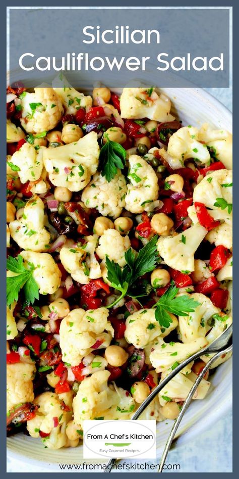 Sicilian Cauliflower Salad in white serving bowl with utensils garnished with fresh parsley. Italian Cauliflower Salad, Marinated Cauliflower Salad, Cauliflower Salad Recipe Healthy, Califlower Recipes Salads, Calflower Salad, Cauliflower Recipes Salad, Cauliflower Salad Recipes Cold, Refrigerator Salads, Cauliflower Pasta Salad