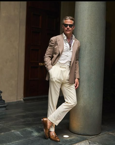 Oxfords—not Brogues. Grey Pants Brown Shoes, Beige Suits For Men, Blazer Men Outfit, Linen Blazer Men, Famous Fashion Designers, Fashion Designers Famous, Mens Fashion Blazer, Evolution Of Fashion, Mens Fashion Classic