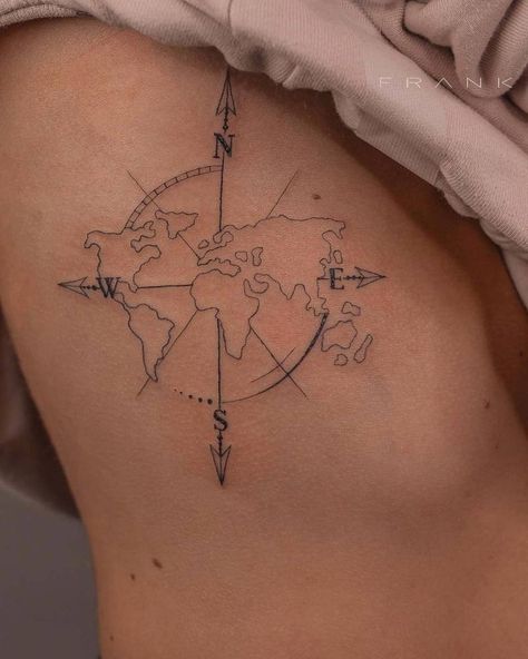 Rose Tattoo Ribcage, Tattoo Ribcage, Watercolor Bike, Harmony Tattoo, Tattoo Ribs, Travel Tattoo Ideas, World Map Tattoos, Globe Tattoos, Compass Rose Tattoo