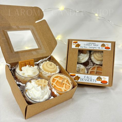 Laroma's beautifully handcrafted tealight set is the perfect mini set to sample for yourself, or to give as a gift!  Each box has 4 whipped tealights scented with: S'mores, Cinnamon Bun, Pecan Waffle, and Apple Pie. Fall Wax Melt Scents, Candles That Look Like Food, Fall Candle Ideas, Halloween Candle Ideas, Candle Business Packaging, High Tea Ideas, Gifting Candles, Waffle Candle, Apple Candle