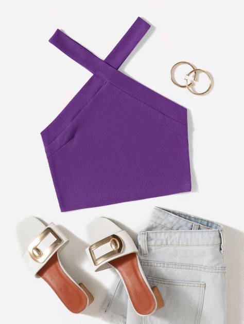 Morado Violeta Casual Collar  Tela Liso Halter Embellished Elástico Ligero Verano Tops & Blusas & Camisetas de Mujer Top Violeta, Top Morado, White Crop Top Outfit, Purple Halter Top, Purple Tops, Swift Concert, Purple Crop Top, Concert Outfits, Concert Fits