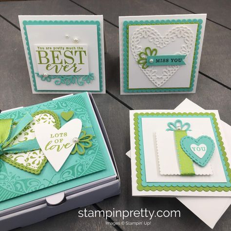 Mary Fish, Stampin Pretty, Pizza Box, Mini Cards, Mini Pizza, Green Cards, Square Card, Heart Cards, Pretty Cards