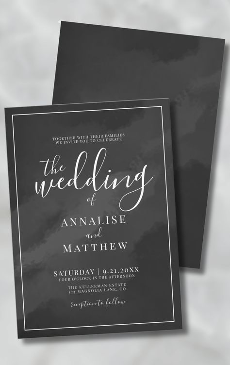 Simple Stylish Elegant Watercolor Black And White Wedding Invitation Watercolor Black And White, Black Wedding Invitation, Black And White Wedding Invitation, Simple And Elegant Wedding, Thank You Sign, Black And White Wedding Invitations, Black Watercolor, Script Calligraphy, Black Wedding Invitations