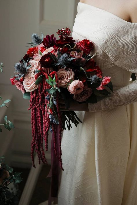 A burgundy amaranthus bridal bouquet with roses and cascading stems. Oversized Wedding Bouquet, Burgundy Flower Arrangements, Burgundy Amaranthus, Amaranthus Bouquet, February Wedding Flowers, Winter Bouquets, Bride Bouquets White, Burgundy Wedding Flowers, Red Bridal Bouquet