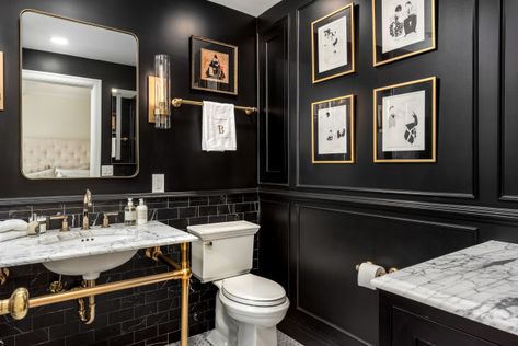 Bathroom of the Week: Dramatic Black Walls and Art Deco Style Bathrooms Makeover, Bath Magic, Colored Tiles, Dark Bathroom, Purple House, Black And White Bathroom, Retro Bathroom, Black White Bathrooms, Primary Bath