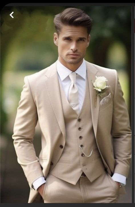 Champagne Wedding Suit Groom Attire, Bride And Groom Tan Suit, Men’s Tan Suits For Wedding, Beige Groomsmen Attire, Cream Suit Men Wedding, Tan Tuxedo Wedding, Tan Suits For Wedding, Beige Groom Suit, Beige Wedding Suit