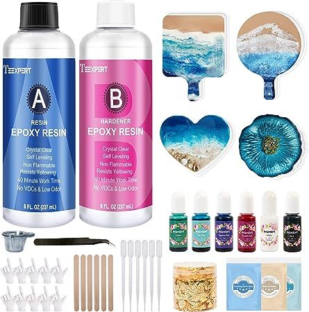 【EPOXY RESIN KIT FOR BEGINNERS】Everything you need all in the package.Teexpert epoxy resin starters kit includes: 16oz epoxy resin kit, Resin Coasters Molds x 4, Resin Pigments x 6, Mica Powder x 3, Gold Flakes x 1, Tweezers x 1, Disposable Gloves x 10, Mixing Cups x 10, Gloves x 10, Droppers x 6, Mixing Sticks x 6, Measuring Cups x 2. Diy Resin Coasters, Crystal Clear Epoxy Resin, Colored Epoxy, Casting Resin, Silicone Coasters, Clear Epoxy Resin, Silicone Resin Molds, Mold Kit, Resin Coasters