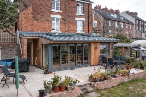 Roof Overhang Extension, Conservatory Extension, Roof Cladding, Zinc Roof, Roof Overhang, 1950s House, Roof Extension, Industrial Living, Extension Designs