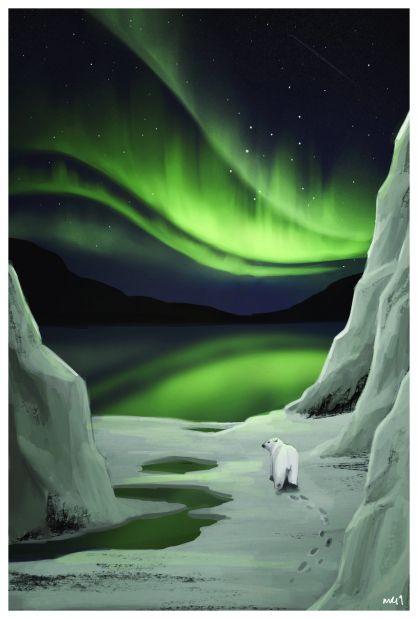 Arctic Landscape Illustration, Northen Light Drawing, Arctic Landscape Art, Artic Painting, Arctic Drawing, Northern Lights Illustration, Arctic Illustration, Arctic Painting, Arctic Art