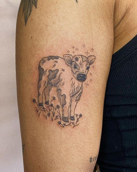 professional skin bedazzler on Instagram: “A custom baby cow for Lauryn 💖 one out of two tattoos we did this session. Thank you for travelling from Victoria to see me. It was such a…” Upper Calf Tattoo, Baby Calf Tattoo, Cow Calf Tattoo, Cow Wearing Sweater Tattoo, Calf Cow Tattoo, Cow Matching Tattoo, Calf Animal Tattoo, Fluffy Cow Tattoo, Cow Tattoo Fine Line