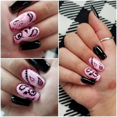 Paisley Pattern Nails, Pink Paisley Nails, Paisley Nail Art Design, Pink Bandana Nails, Paisley Nails Design, Bandana Nail Art, Paisley Nails, Paisley Nail Art, Rockabilly Nails