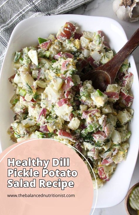 Try this dill pickle potato salad recipe for a healthy twist on a classic. Made with Greek yogurt and hard boiled eggs, it’s an easy and delicious side dish perfect for a picnic, summer cookout, or BBQ side dish. Enjoy this healthy dill pickle potato salad! Dill Pickle Potato Salad Recipe, Dill Pickle Potato Salad, Pickle Potato Salad, Dill Dressing, Potato Salad Recipe, Dill Pickle, Salad Recipe, Greek Yogurt, Side Dish