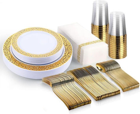 Gold Plastic Silverware, Gold Plastic Plates, Plastic Dinnerware Sets, Gold Silverware, Plastic Party Cups, Gold Napkins, Plastic Silverware, Gold Dinnerware, Plastic Dinnerware