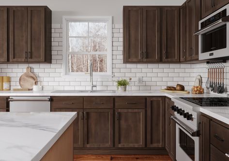 Small Kitchen Ideas Dark Cabinets, Dark Espresso Kitchen Cabinets, Cabinet Color Ideas, Walnut Kitchen Cabinets, Dark Wood Kitchen Cabinets, Kitchen Cabinet Color, Espresso Kitchen Cabinets, Stained Kitchen Cabinets, Dark Brown Cabinets