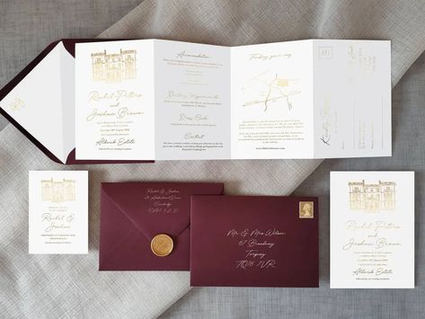 28 Enchanting Winter and Christmas Wedding Invitations - hitched.co.uk Merlot Wedding, Formal Invitations, Winter Wonderland Invitations, Woodland Wedding Invitations, Custom Wax Stamp, Twilight Wedding, Venue Sketch, Illustrated Wedding Invitations, Folded Wedding Invitation