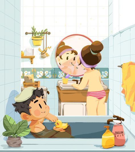 ArtStation - Good Morning, Zhi Lin Lim Bathroom Illustration, Parenting Illustration, Book Illustration Layout, Book Illustration Design, Illustration Art Kids, Color Palette Challenge, Book Illustration Art, Dark Art Illustrations, Animated Drawings