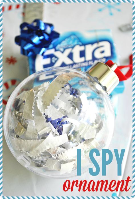 Take a clear ornament to make an I Spy Christmas ornament. Stuff it with confetti, small toys, and filling to make a fun Christmas tree addition! #ExtraGumMoments #ad #cbias I Spy Christmas, Extra Gum, Fun Christmas Tree, Sweet Days, Thrifty Thursday, Clear Ornaments, Childs Play, Eye Spy, Homemade Holiday