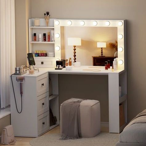 Jeshaun Vanity Desk with Mirror and Lights, Corner Makeup Table with 3 Color Lighting | Wayfair North America Vanity Ideas Bedroom Corner, Corner Makeup Vanity, Vanity Inspiration, Corner Vanity, Mirrored Vanity Desk, Wall Shelves Design, Bedroom Corner, Make Up Desk Vanity, Makeup Table