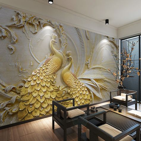 Gold Peacock Wallpaper, Wall Painting Living Room, Peacock Wallpaper, Look Wallpaper, Custom Wall Murals, Custom Murals, Mural Wall Art, Wallpaper Living Room, Wallpaper Wall