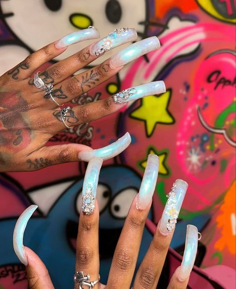 90s Nails, Junk Nails, Long Square Nails, Curved Nails, Long Acrylic Nail Designs, Blue Acrylic Nails, Girly Acrylic Nails, Dope Nail Designs, Short Square Acrylic Nails