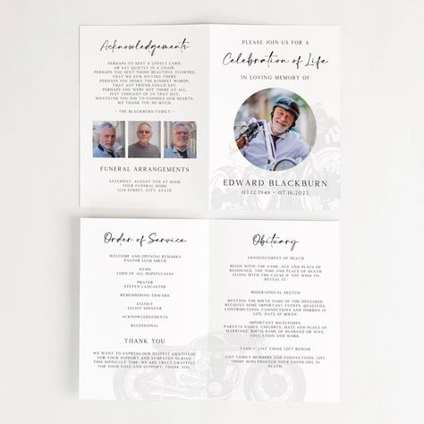 Motorcycle Funeral Program Template for Man, Folded Celebration of Life, Printable Order of Service Obituary Booklet for Male, CF79 - Etsy Event Program, Order Of Service, Program Template, Celebration Of Life, Party Ideas, Celebrities