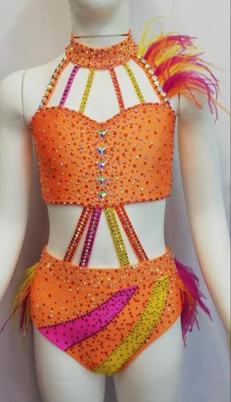 Funky Dance Costumes, Rainbow Dance Costume, Orange Dance Costume, Two Piece Jazz Dance Costumes, Fringe Dance Costume, Custom Dance Costumes Jazz, Jazz Costumes Competition, Jazz Dance Costume, Dance Costumes Jazz