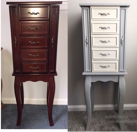 Jewelry Armoire Makeover Diy, Jewelry Cabinet Makeover, Reno Furniture, Jewelry Armoire Diy, Jewelry Armoire Makeover, Furniture Remake, Armoire Diy, Upcycle Jewelry, Diy Furniture Upholstery