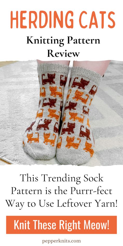 Herding Cats Socks Pattern Review - This Trending Sock Pattern is the Perfect way to use leftover sock yarn (photo of handknit socks that are grey with brown and orange cat motifs) Knit Cat Socks Pattern, Sock Cat Pattern, Legwarmers Knitting Pattern Free, Cat Socks Knitting Pattern, Knitting Cat Pattern, Fair Isle Socks Pattern Free Knitting, Colorwork Sock Knitting Pattern, Hand Knit Socks Patterns Free, Fair Isle Socks Pattern