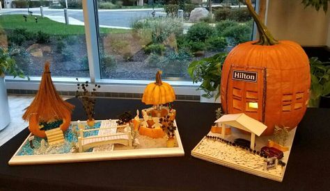 Fall themed pumpkin Hilton hotel & resort made by my brother Dominic & his wife Christine. 1st place winner! Reggio Inspired Classrooms, Reggio Inspired, Pumpkin Carving Ideas, Pumpkin Ideas, 1st Place, Hilton Hotel, Pumpkin Faces, Carving Ideas, Hotel Resort